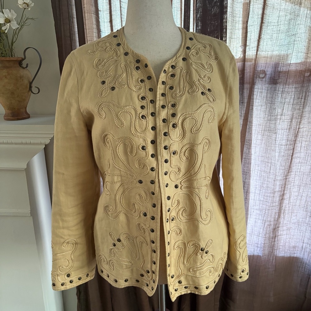 Linen Linda Allard Ellen Tracy Studed Boho Embroidered Jacket